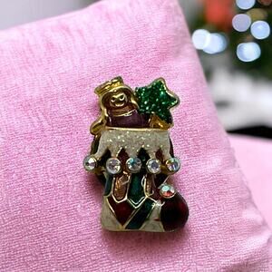 90s Glitter Stocking Christmas Pin, Good Condition, 0.5" x 0.75"